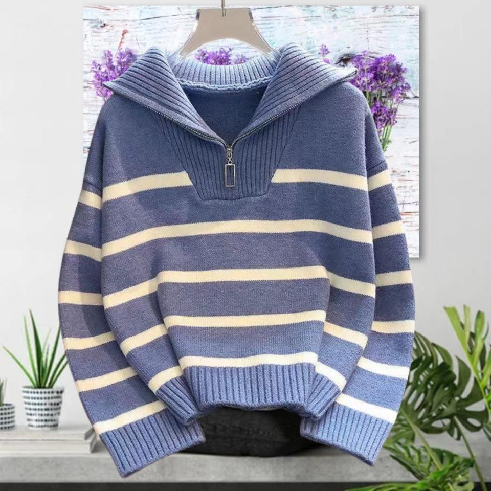 New Women's Sweater Women's Autumn and Winter College Style Outside Wear Striped Knitted Sweater Half Zipper Pullover