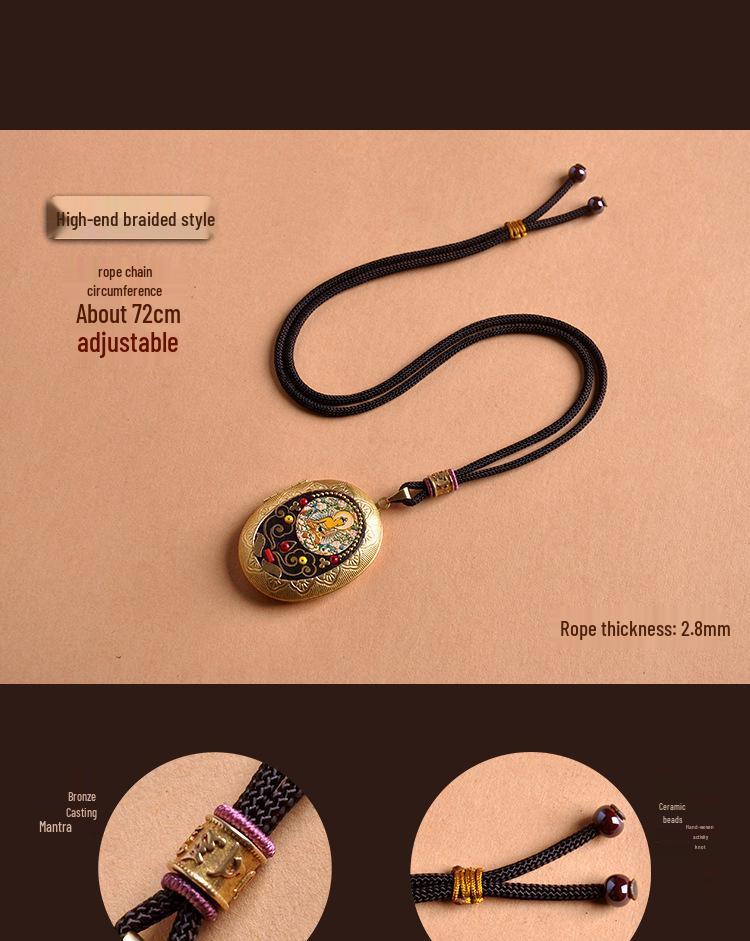 Vairochana Yellow Tibetan Amulet: Brass Box Pendant Necklace with Jambhala & Avalokiteshvara Hollow Design