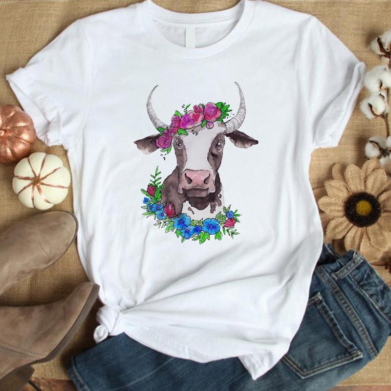 2022 Women T-shirt Floral Cow Flower Print Summer Women Graphic Tops Short Sleeve tshirt Femal tee shirt femme