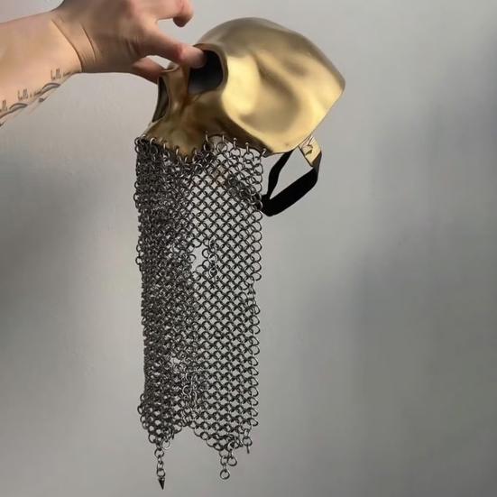 Medieval Skull Armor Masque with Chainmail Metal Skull Helmet Gothic Cosplay Costume for Halloween LARP Festivals Accessory