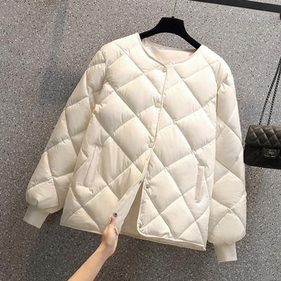 Dame Vinter Dunjakke Rombemønster Stikninger Tykt Vattert Lommer Lange Ermer Ensfarget Enkeltspent Elastiske Mansjetter Damejakke