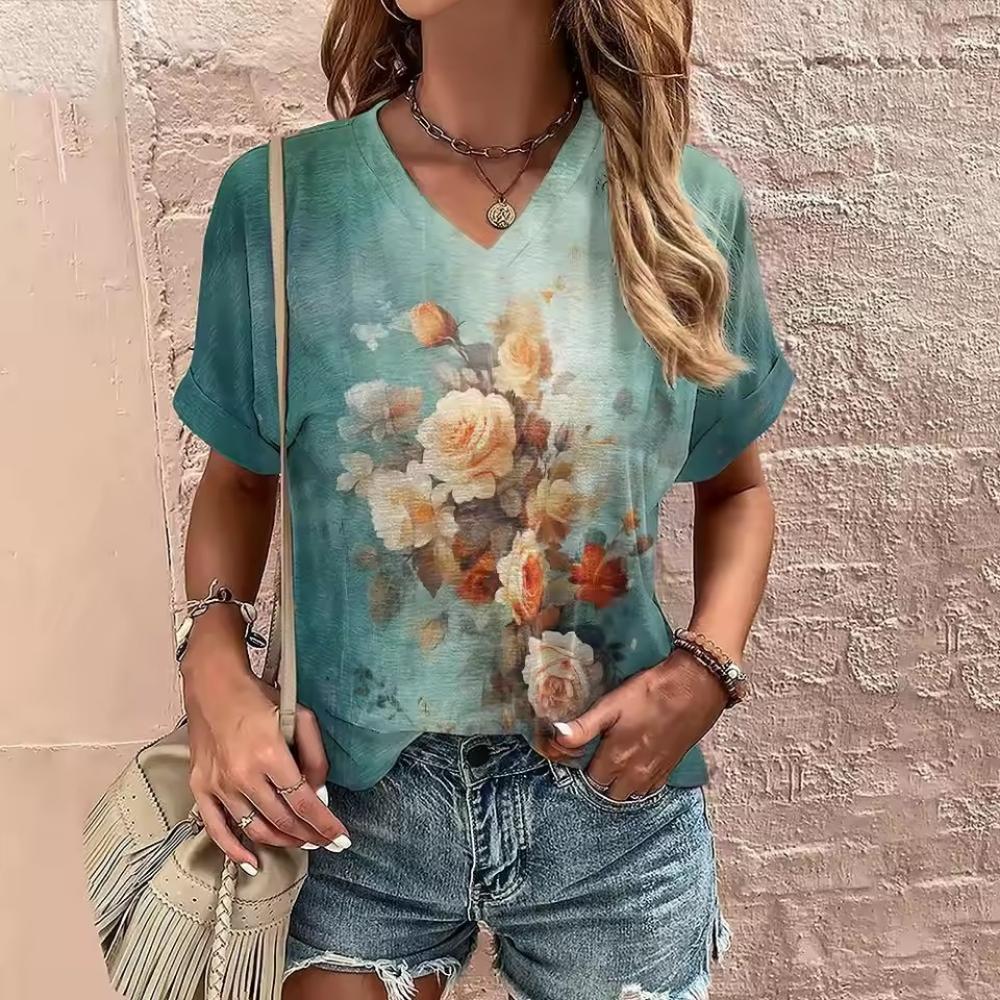 Women's Summer V-neck T-shirt Flower Printed Casual Tops Cubic Sleeve T Shirt Fashion Street Pullover OverSize Women's Clothing