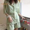2 Pçs/set Mulheres Pijamas Conjunto Lapela Contraste Cor Listrado Estampa Manga Curta Cintura Elástica Solto Perna Larga Pijamas Blusa Shorts Conjunto