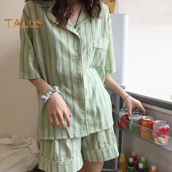 2 Pçs/set Mulheres Pijamas Conjunto Lapela Contraste Cor Listrado Estampa Manga Curta Cintura Elástica Solto Perna Larga Pijamas Blusa Shorts Conjunto