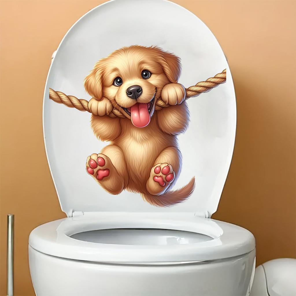Playful Cartoon Puppy with Rope Toilet & Wall Sticker Self-Adhesive Removable for Bedroom Living Room Study Home Decor