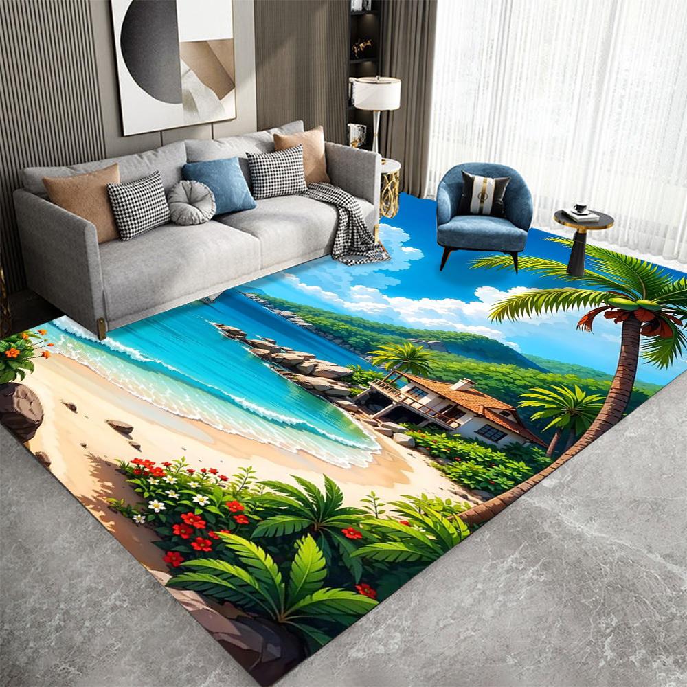 Tropical Beach Scene Carpet  With Palm Tree Flowers Vintage Car Coastal Road Waterfront Hut Patterns Rug For Living Room Decor