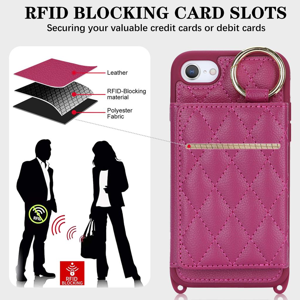 For iPhone SE (2022)/(2020)/8/7 Case with Lanyard/Mirror/Card Holder Grids Pattern RFID Blocking Phone Cover