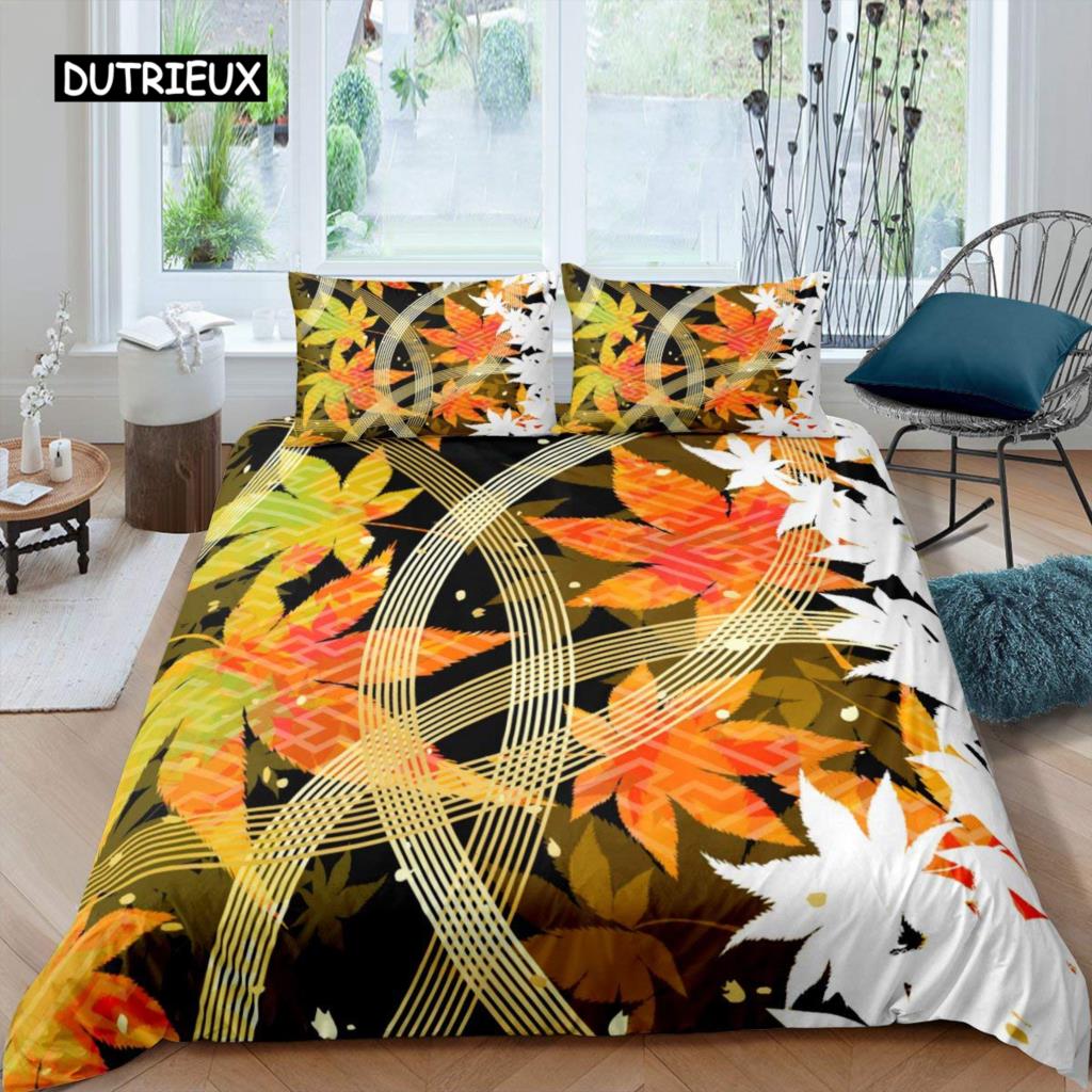 Maple Leaves Duvet Cover Set Colorful Autumn Season Maple Leaves In Unusual Designs Nature Print King Size 2/3pcs Bedding Set
