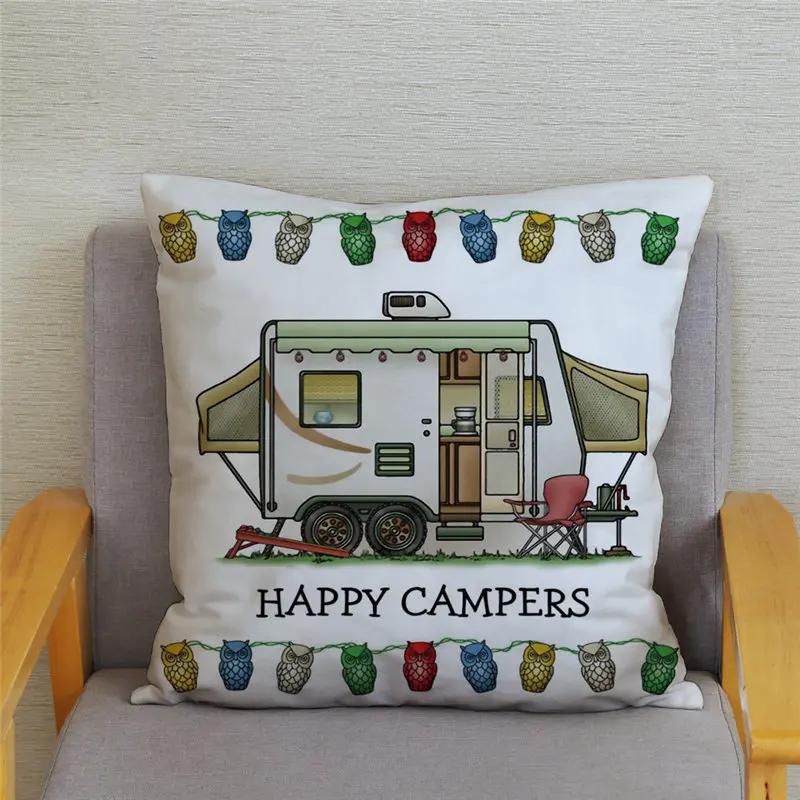 45X45Cm Happy Campers Owl Motorhome Print Pillow Case Soft Polyester Sofa Car Seat/Back Cushion Cover For Home Decor Pillowcases