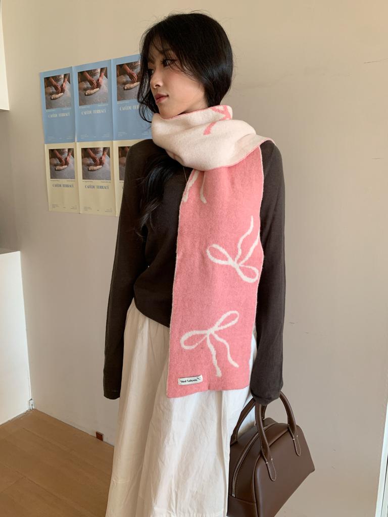Blended knitted bow wool couple high-end small scarf women's Korean thickened warm versatile scarf