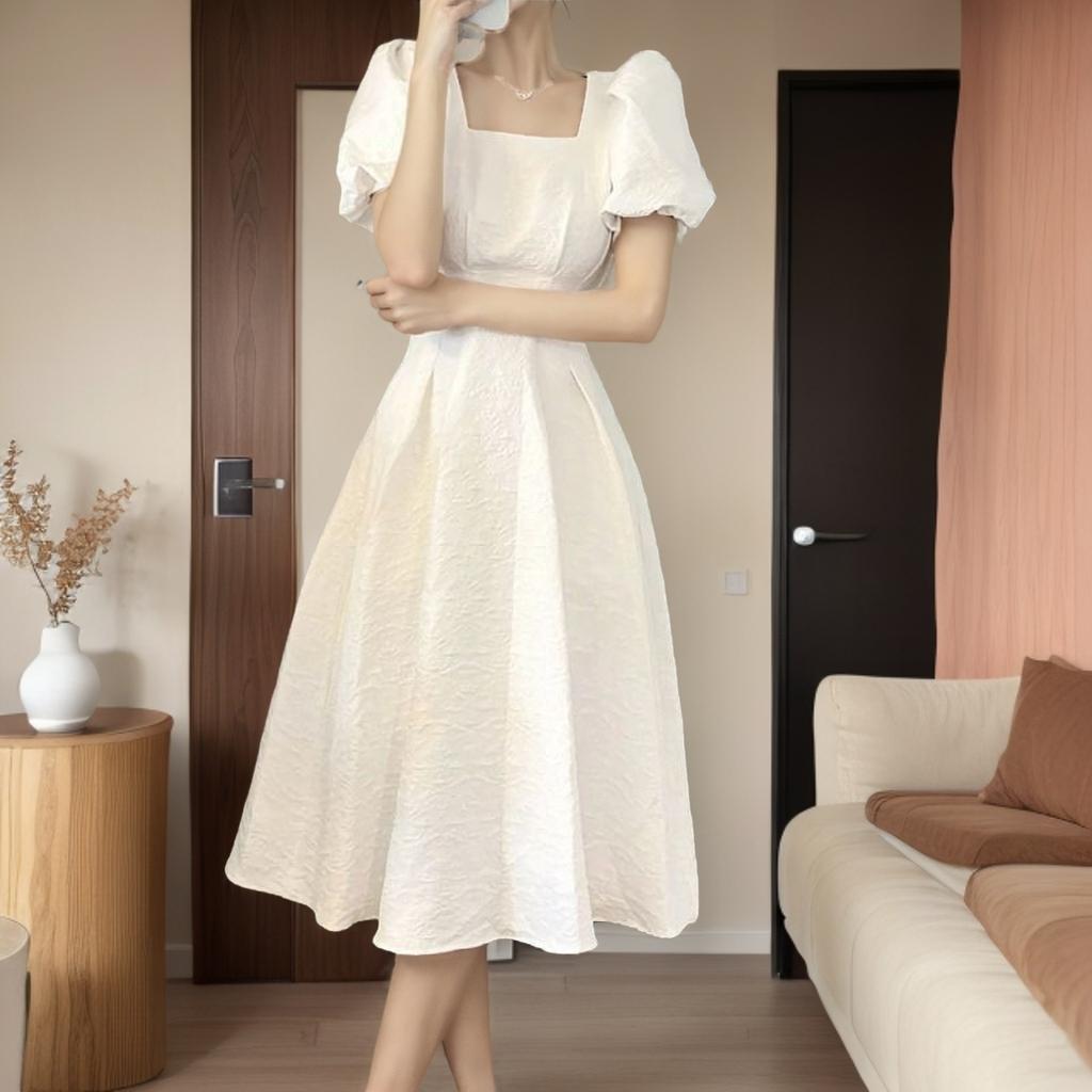 [Double-layer with Lining] Medium and Long Dress, Summer New Bubble Sleeve Fairy A-shaped Dress
