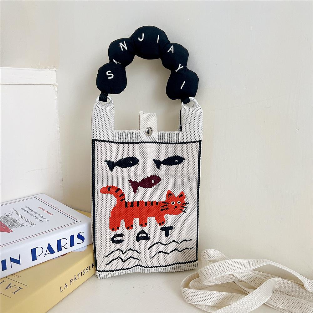 Knitted Mobile Phone Bag For Women In Spring And Autumn Cute Cartoon Versatile One Shoulder Diagonal Cross Bag Travel Coin Purse Small Handbag