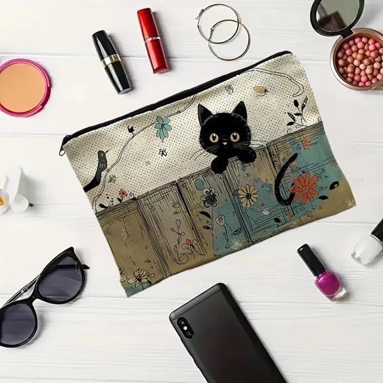 Yangyizhi Borsa portaoggetti con stampa di gatti, con cerniera liscia, astuccio multifunzione in poliestere ispessito, borsa da toilette da viaggio