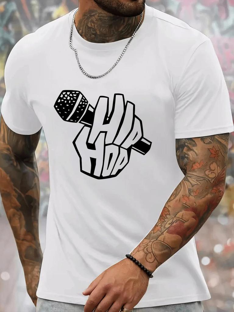 Hip Hop Microphone Print Unisexs Crew Neck T Shirt Vintage Rap Music Text Graphic Short Sleeve Casual Cotton Urban Street Tees