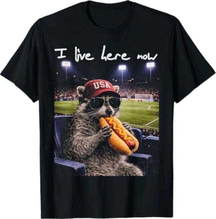 Funny Raccoon Ballfield Hot-Dog Soccer I Live Here Now T-Shirt S