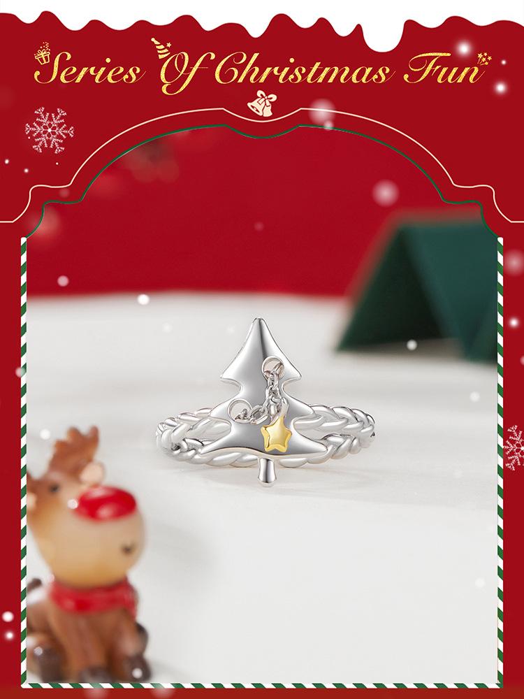 Everlove Adjustable Christmas Tree Open Ring - S925 Sterling Silver Holiday Jewelry for Women
