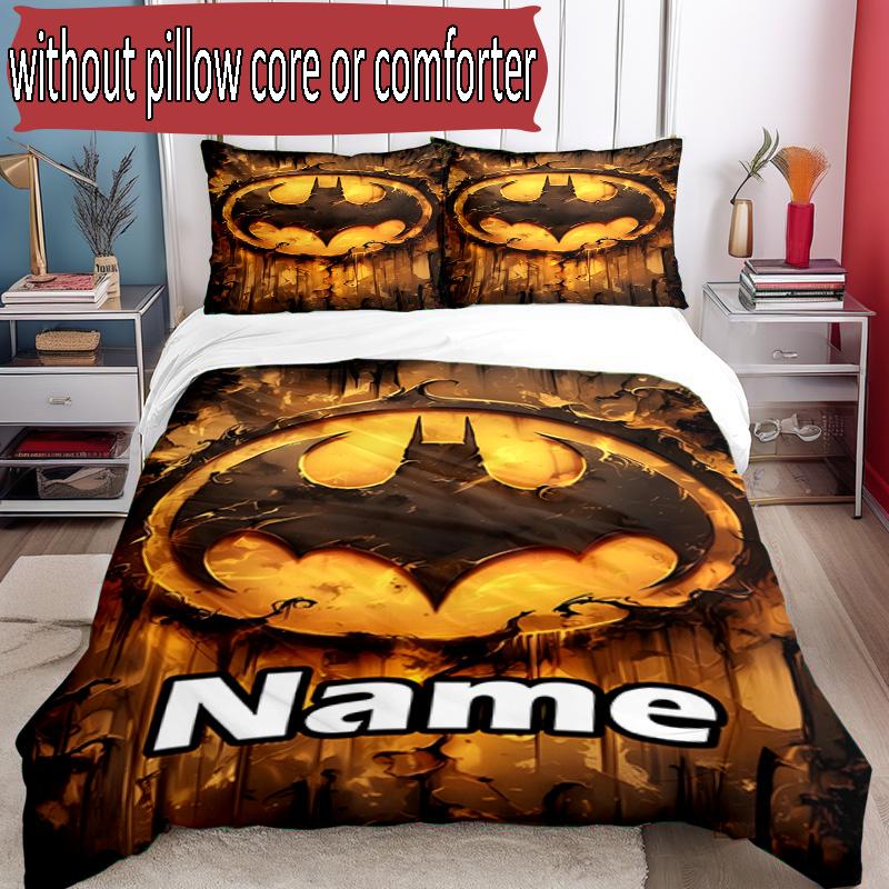 3pcs Duvet Cover Set (1*Duvet Cover + 2*Pillowcase, Without Core), Custom Name Batman Pattern Bedding Set, Home Bedroom Decor Gift
