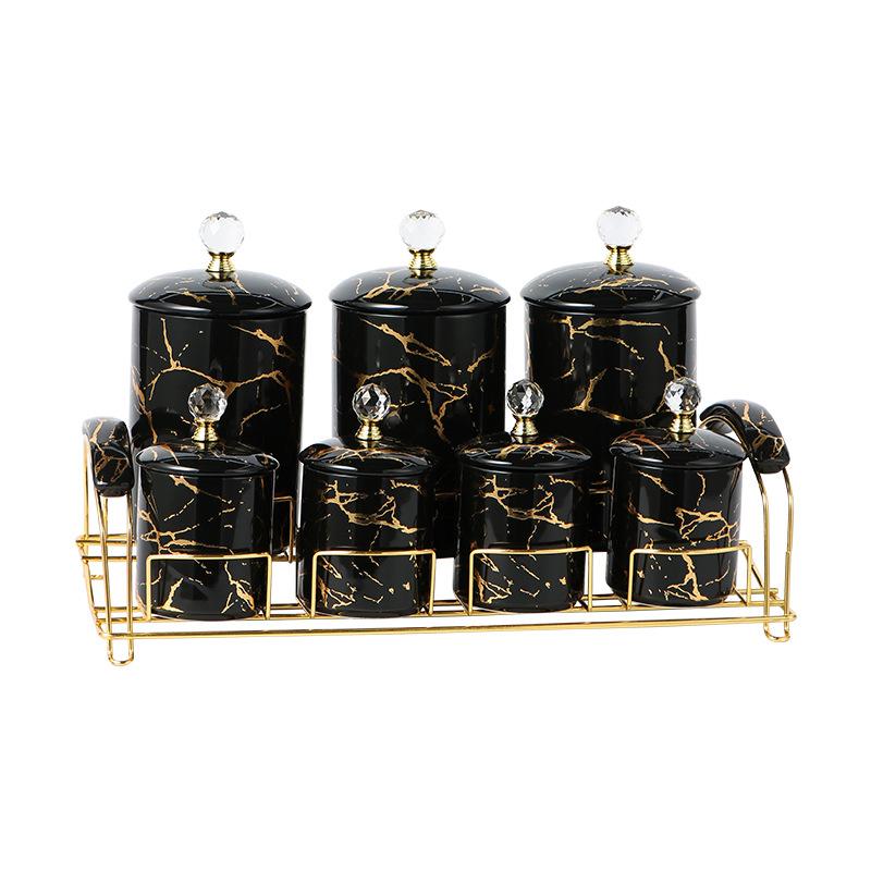 Marbled Ceramic Storage Jar with Lid Storage Tanks Metal Rack Base Food Organizers Storages Bottles Kitchen Storage Container