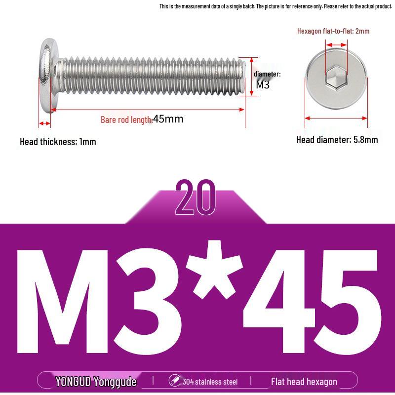 304 Stainless Steel Ultra-Thin Flat Head Hex Socket Bolt, M2-M12