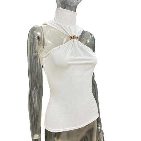 Women Tops Half High Collar Sleeveless Solid Color Stretchy Tops Slim Fit