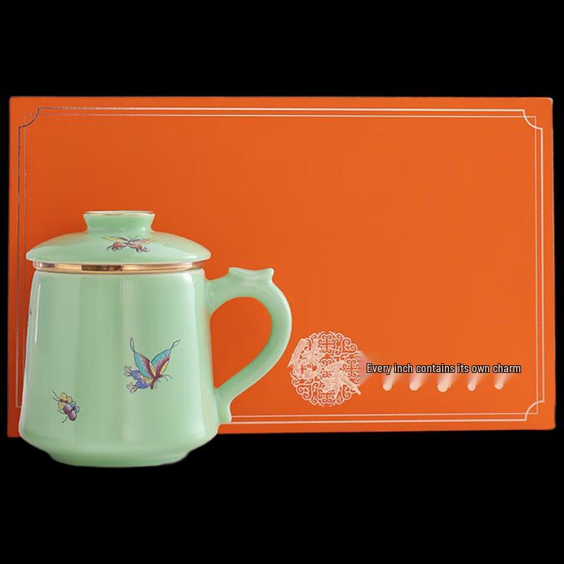 Sapphire Blue Butterfly Ceramic Tea Infuser Mug with Lid