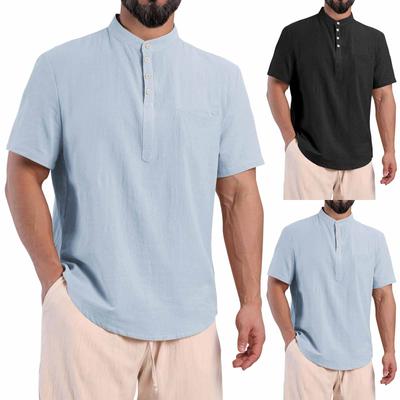Men's Solid Color Stand Collar Pocket Cotton Linen Short Sleeve Button Shirt