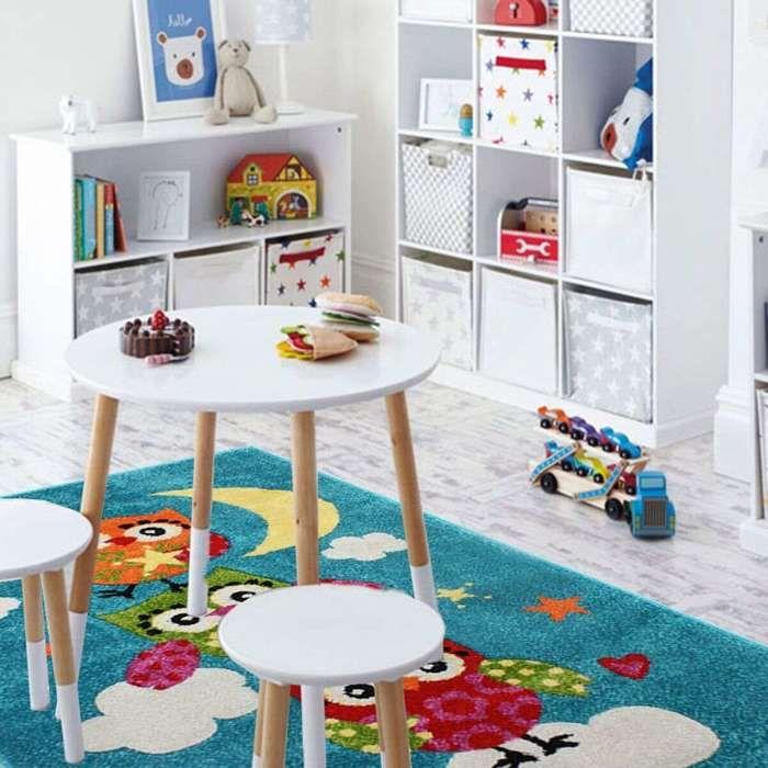 Children's Rug Soft Wool Touch Printed Owls Blue 100x150