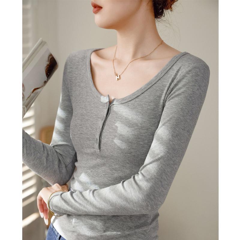 Women's High-elastic Threaded Shoulder Buttons for Autumn and Winter Pure Lust Style Long-sleeved Slim Base Shirt