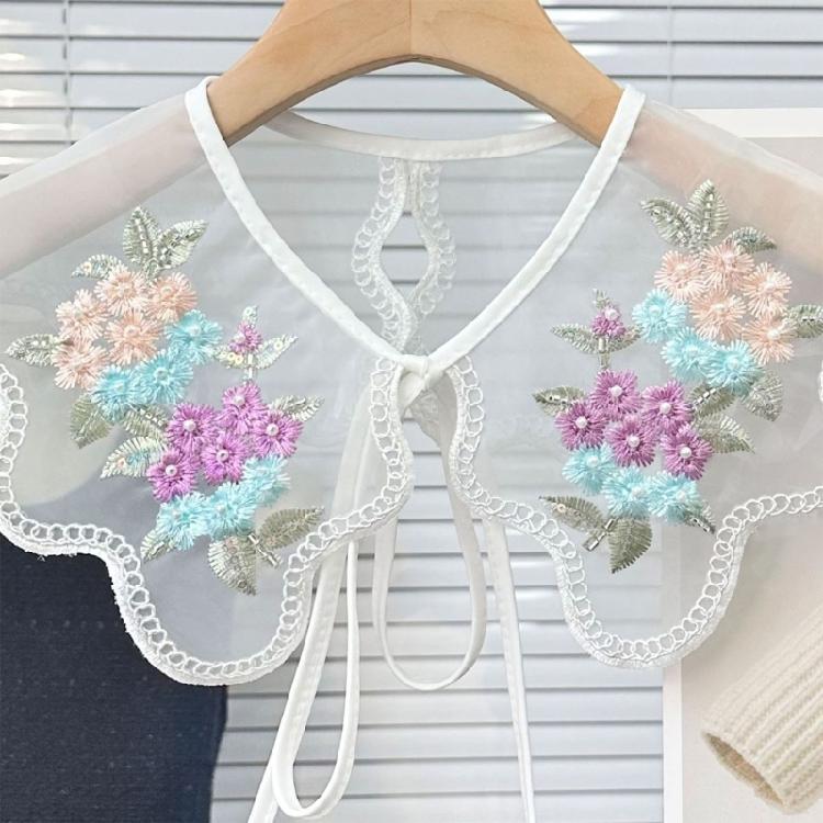 Embroidery Colorful Flower Detachable Collar Elegant Lace Shawl Faux Collar Capelet Scarf for Womens Clothing Accessory