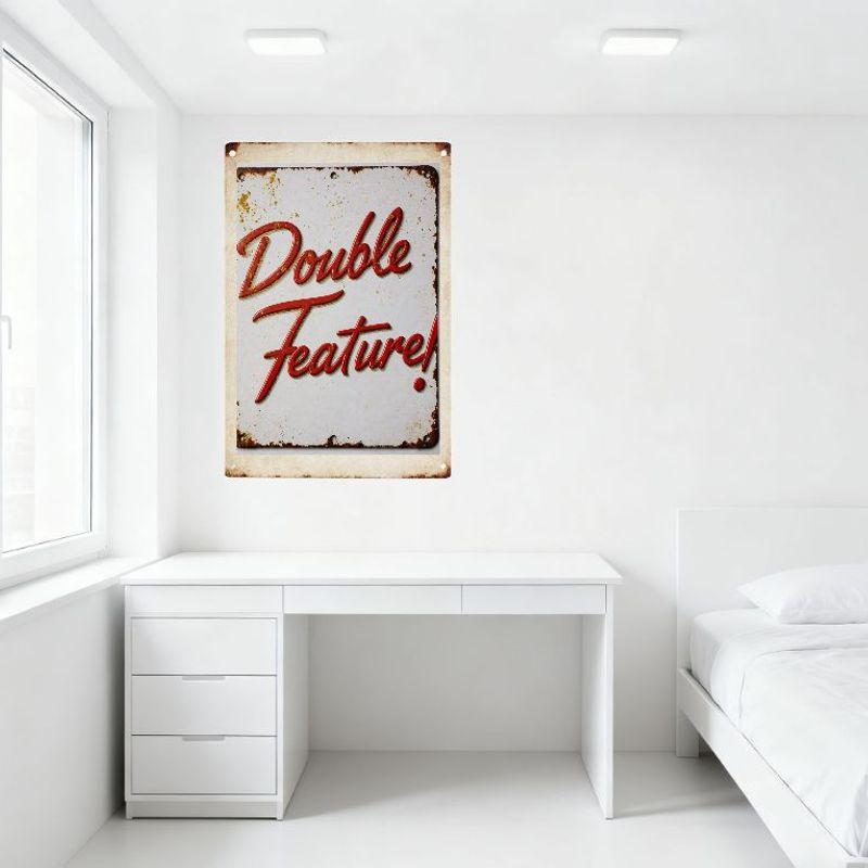 Vintage Double Feature Movie Theater Metal Sign - Rust Patches, Mounting Holes, Retro Movie Decor for Bar/Pub/Cafe Wall Art 8x12