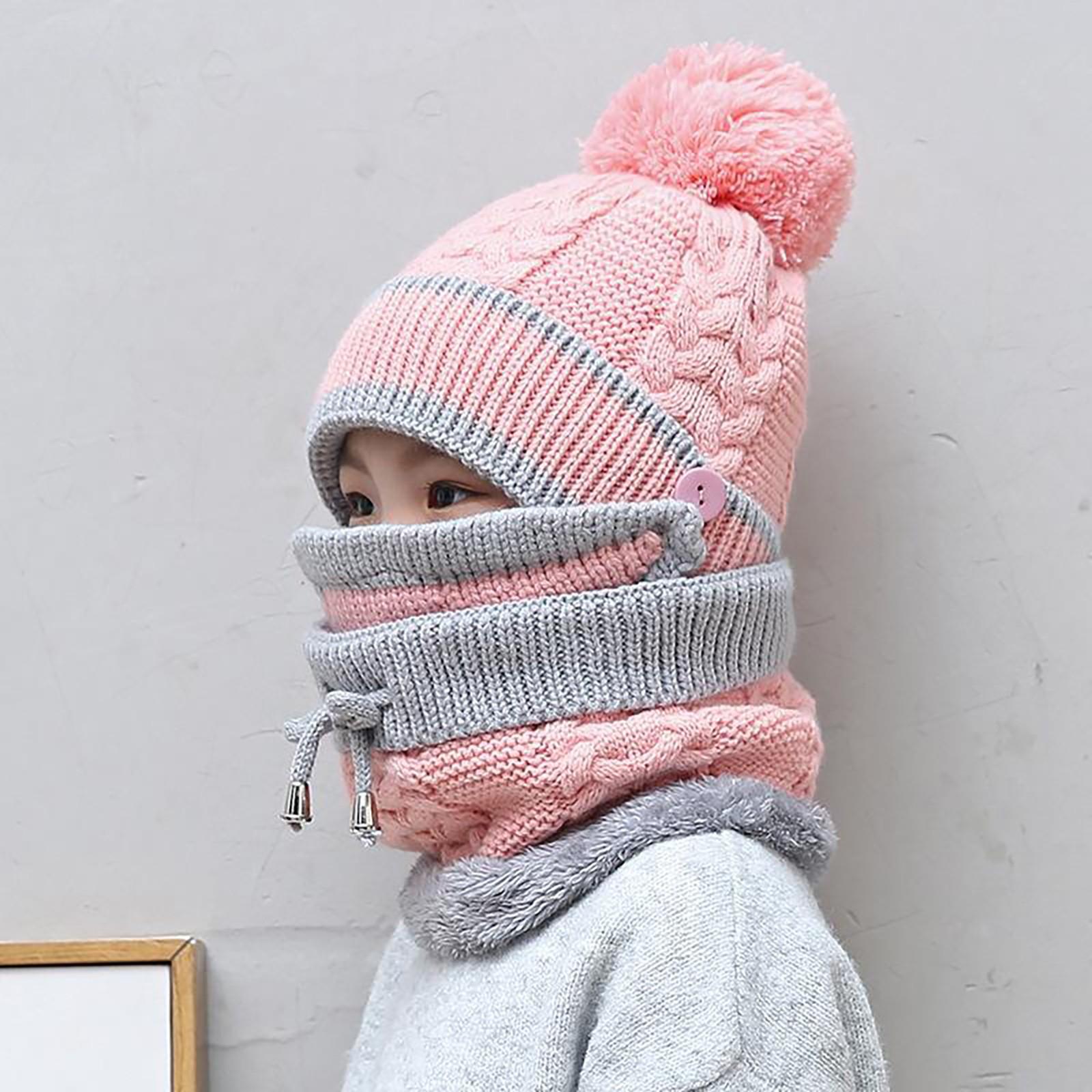 Winter Children s Hat And Velvet Bib Three Piece Outdoor Outing Cold Proof Knitted Woolen Warm Hat розовый