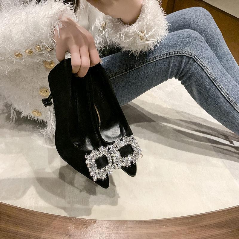 Shallow Mouth Simple Niche Fashion Pointed Design Stiletto High Heels Single Shoes Versatile Square Diamond