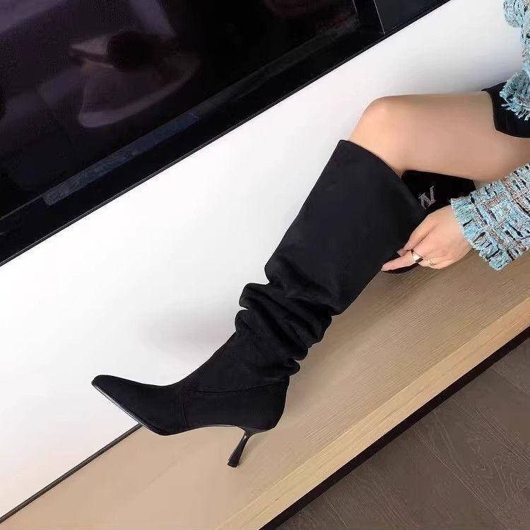 Suede pointed thin western knight boots women's boots 2025 autumn and winter new high-heeled stacked long cowboy boots