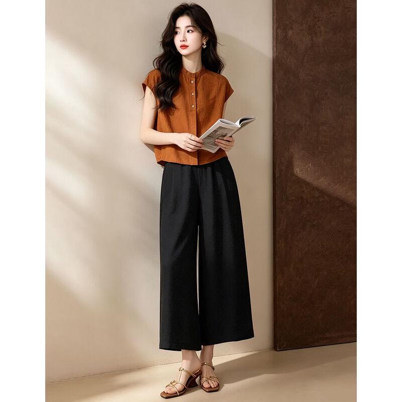 D.F.DEAR Women's Stand Collar Sleeveless Shirt & Wide-Leg Pants Set