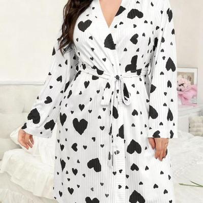 Euro-American Plus Size Summer Ribbed Knit Heart Tie-up Outdoor Pajamas Women's Comfortable Morning Robe