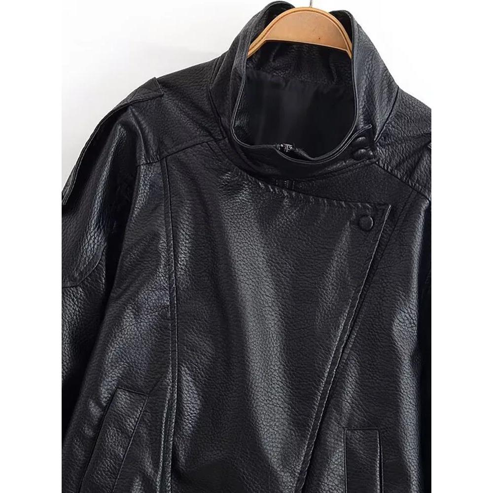 Giacca da Donna Autunnale in Ecopelle Chic con Zip e Revers a Punta Manica Lunga Giacca Capospalla