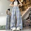 Women's High-Waisted Retro Plaid Wide-Leg Cargo Pants - Summer BF Style