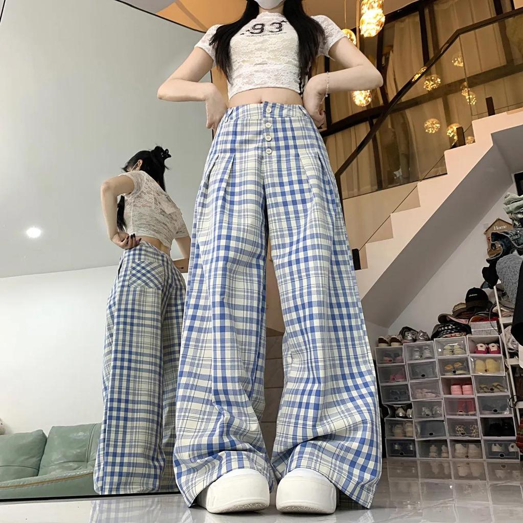 Women's High-Waisted Retro Plaid Wide-Leg Cargo Pants - Summer BF Style