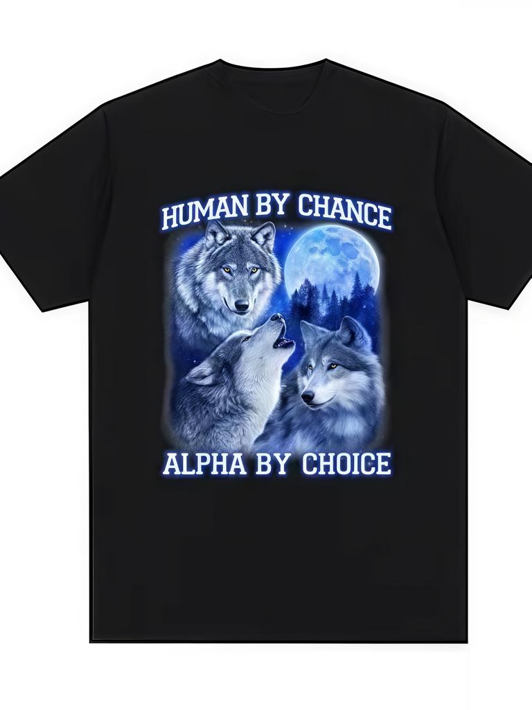 Unisex Casual Kurzarm T-Shirt - Weißes Wolfsrudel-Print Motto "Mensch durch Zufall Alpha durch Wahl" Rundhals Ganzjahres Herren-Tee