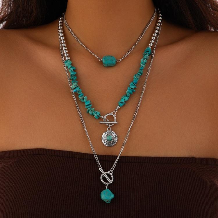 Adjustable Geometric Turquoise Beaded Necklace Multi Layered Clavicle Chain Neck Jewelry for Stylish Outfits