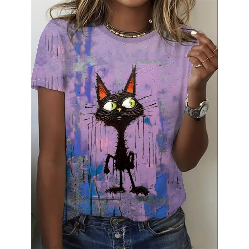 Summer Casual Women's T Shirt Cartoon Cute Cat Printed O Neck Short Sleeve Women's Outdoor Loose TShirt Tops Elegant Clothing