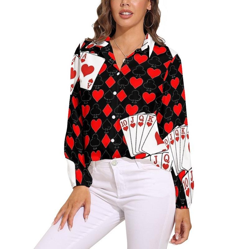 Poker Cards Print Blouse Female Card Suits Casual Loose Blouses Long-Sleeve Modern Shirt Printed Clothing Large