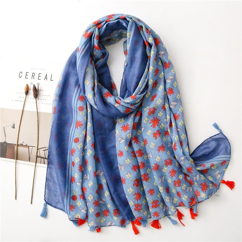 Spain Brand Lovely Lotus Floral Tassel Viscose Shawl Scarf Lady Print Soft Wrap Snood Bufandas Muslim Hijab Sjaal 180*90Cm