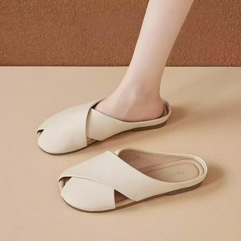 Holiday Outing~ Summer Cross Belt Hollow Low Heel Outer Wear Women's Cool Slippers Casual Thick Heel Lazy Half Drag