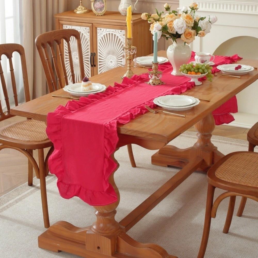 Rustic Style Ruffled Edge Table Runner Solid Color Rectangular Dinning Table Runner Anti Slip Washed Cotton Table Flag