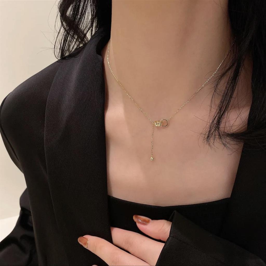 925 Sterling Silver Double Ring Geometric Pendant Necklace French Vintage Style for Women
