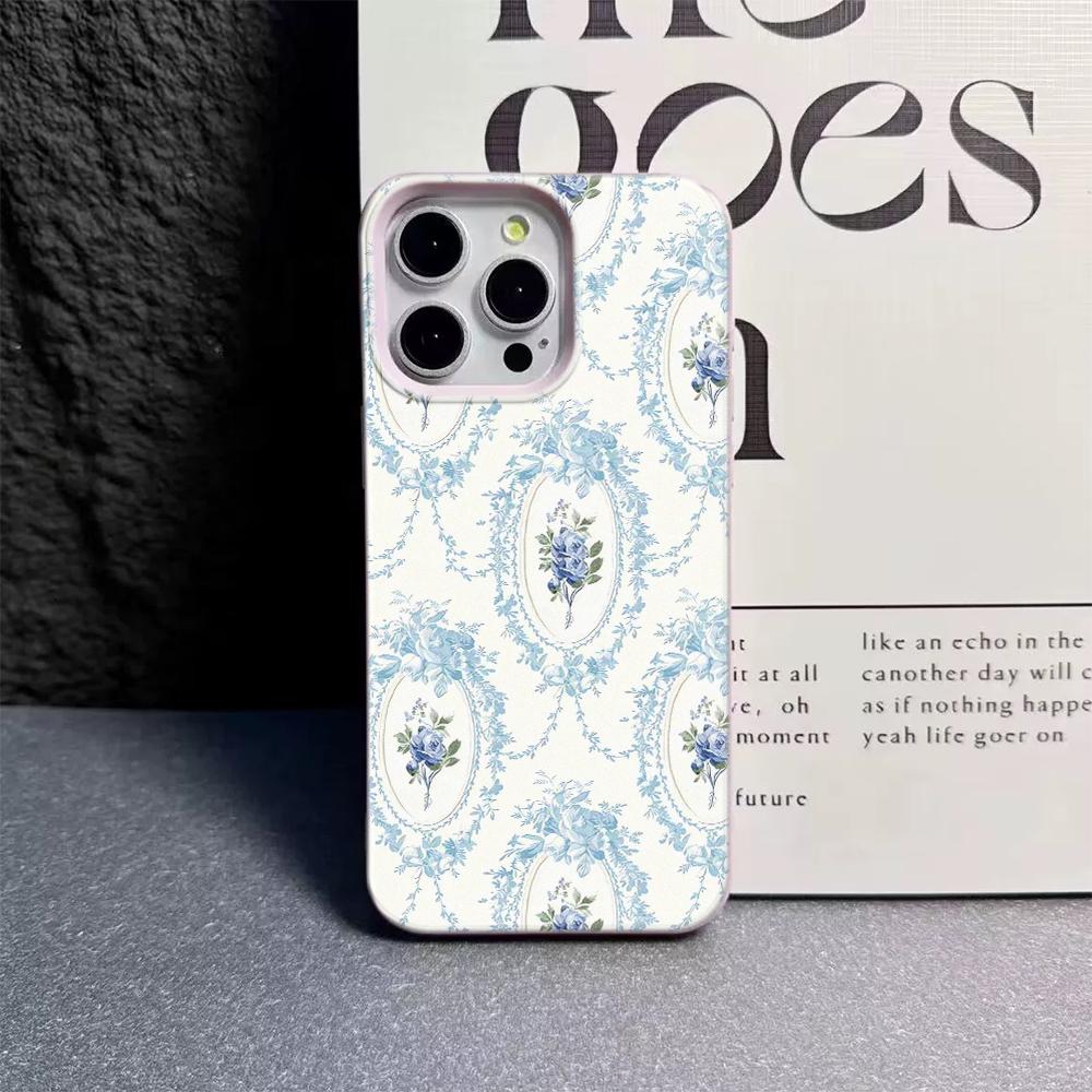 Blue French Rococo Rose Lichee Leather Pattern Phone Case For iPhone 17 16e 16 15 14 13 12 11 Air Pro Max Plus X XR XSMax Cover