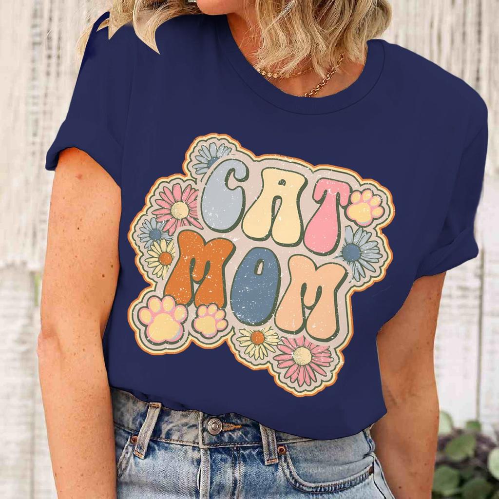Vintage Cat Mom And Flower Print T Shirt Unisex Bohemia Wildflower Short Sleeve Streetwear Fun Cat Mom Life Tee Casual Female Top
