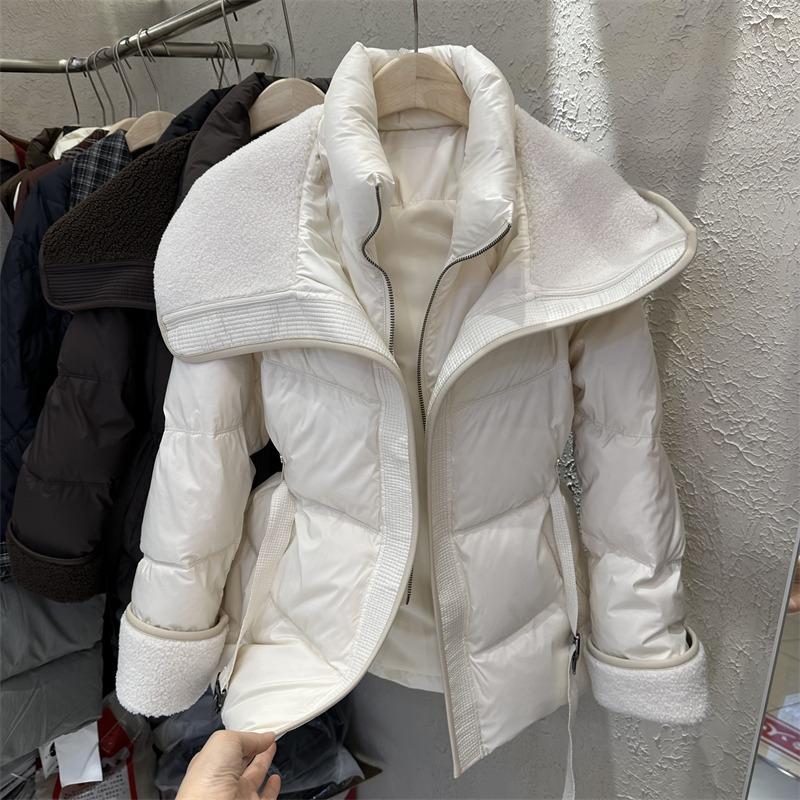 Lamb Wool Spliced Cotton Jacket With Belt Women's Autumn Winter Stand Collar Thick Short Outwear Long Sleeved Warm Coat