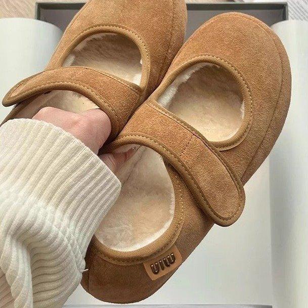 [Armano] Heel height 4cm Mary Jane shoes fluffy shoes suede Velcro velvet warm casual cotton shoes winter